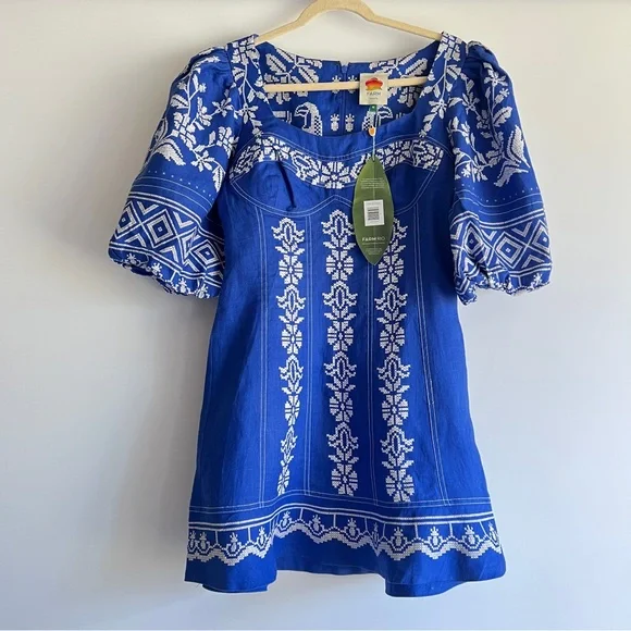 FARM Rio Tropical Printed Blue Euroflax Premium Linen Mini Dress Size Medium NWT - Picture 3 of 13